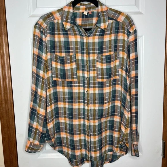 Pilcro Anthropologie Plaid Button Front Blouse Small Green Orange Boho Cowgirl - Picture 2 of 9